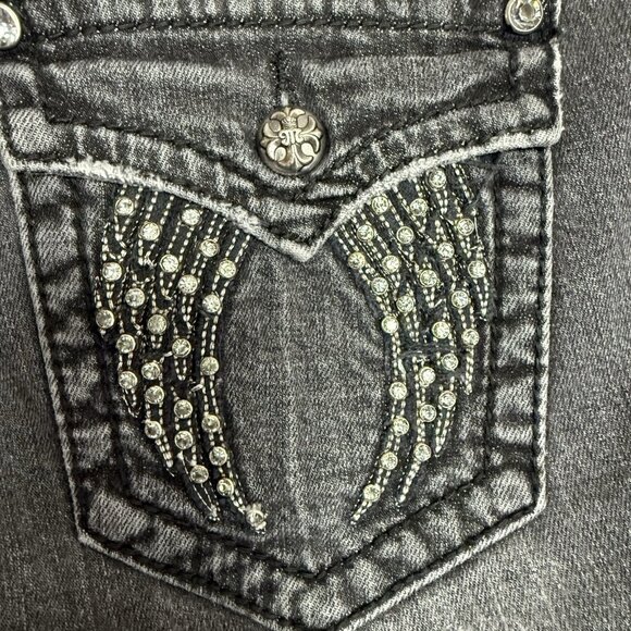 Miss Me Black Stretch Denim Low Rise Embellished Angel Wing Skinny Jeans~28 - Picture 5 of 13